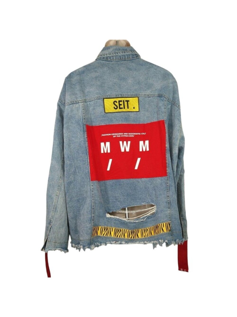 Mod Wave Movement Denim Jean Jacket Button Up Men Size XL Ripped Destroyed - Picture 8 of 12